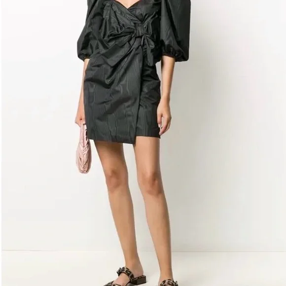 Red Valentino Black Puff-Sleeve Mini Dress with Bow Front - Picture 5 of 7